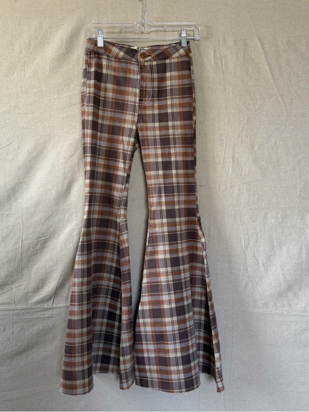 We The Free Plaid High-Waist Pants in Brown and Cream